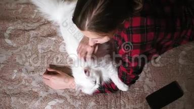 女孩白色毛茸茸的小猫躺在床上。 女孩抚摸一只小猫慢动作视频。 女孩和小猫的生活方式概念。 v